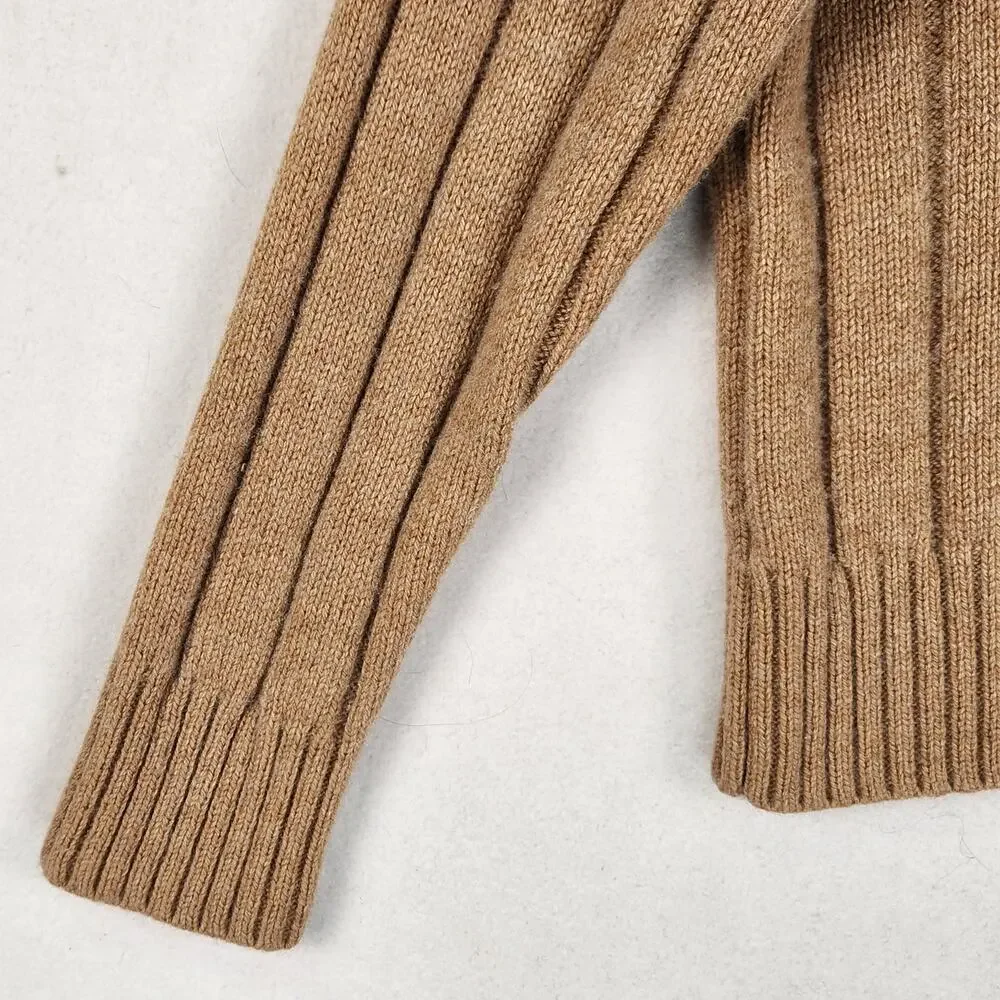 Madewell Tipped V-Neck Oversized Sweater in Tan With Blue V-Neck SZ SM Wool Blnd - Picture 7 of 13